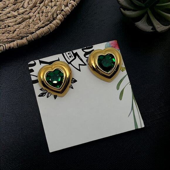 unknown Jewelry - gold green gem heart post earrings 80s